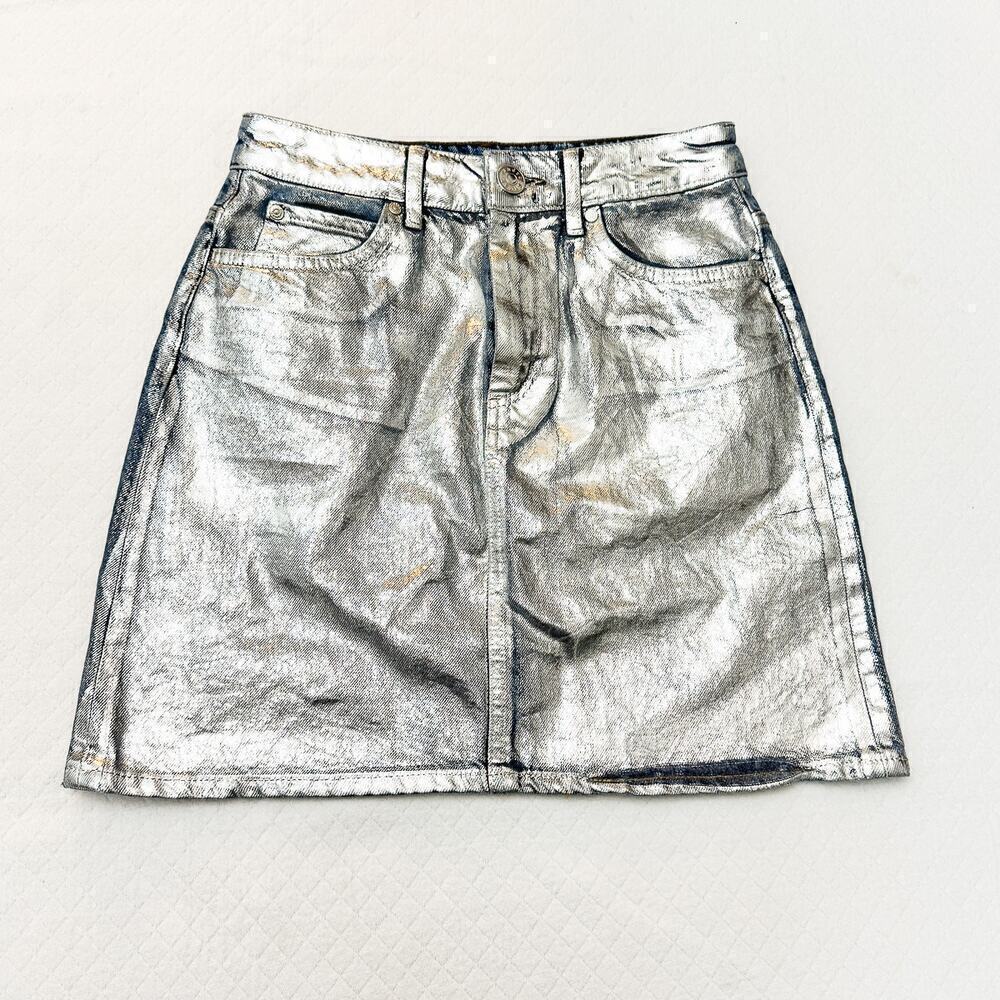 Sandro Paris Denim Pencil Skirt Metallic Silver Coated Front Size 1 / 26 US